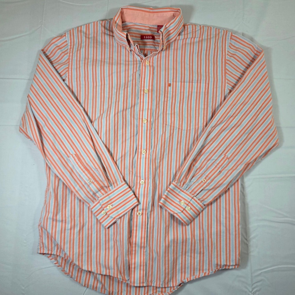 IZOD Mens Orange Blue Striped Long Sleeve Button Down Shirt Size M